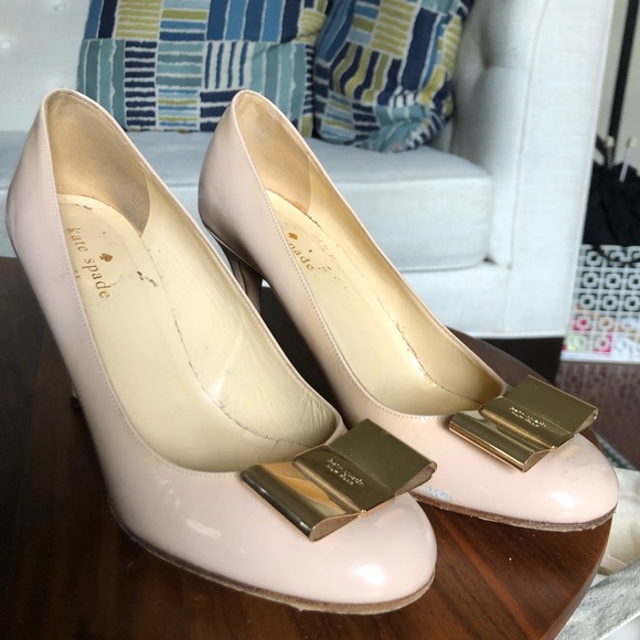 kate spade Shoes - Kate Spade pink patent leather and gold bow heels